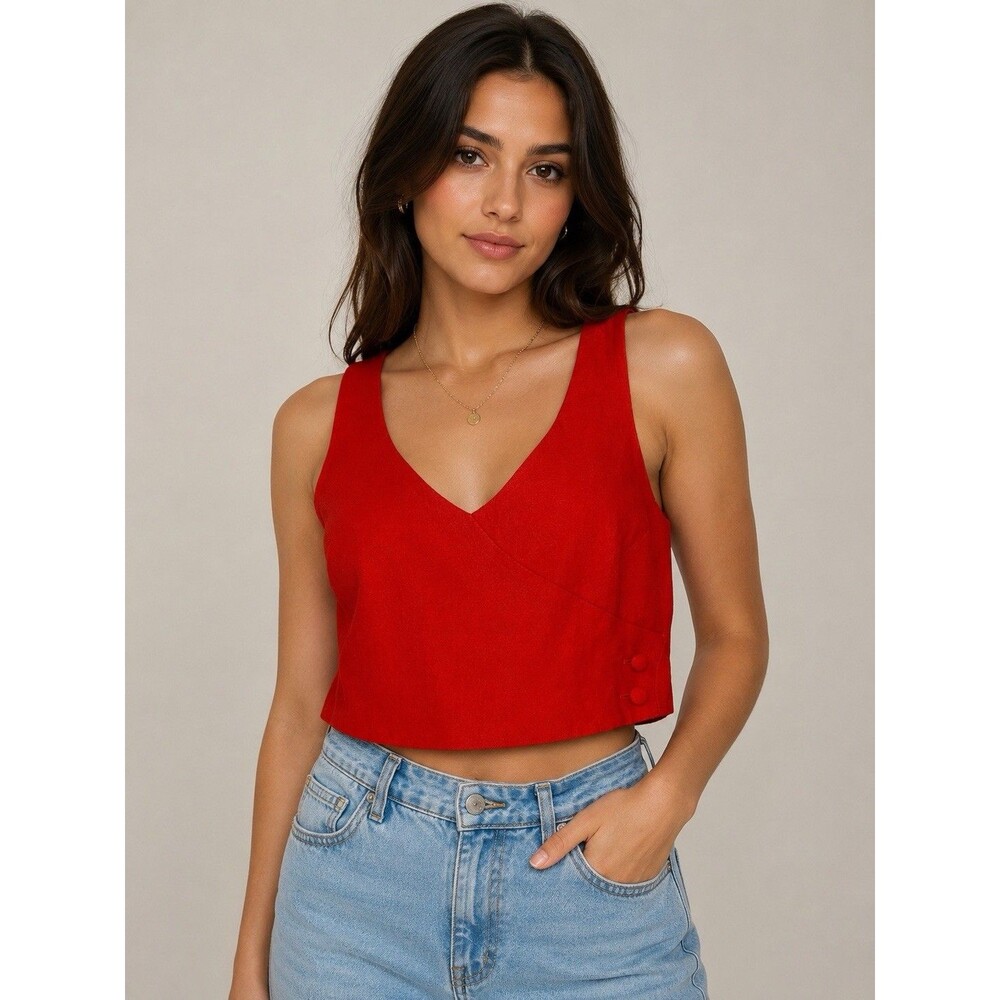 Sonia Rykiel Red Vintage Crepe Sleeveless Crop top Buttons Sz M 42 France Luxury